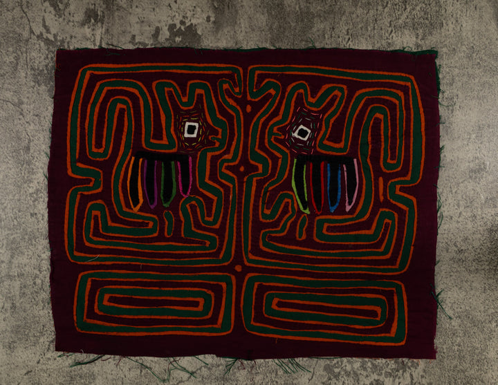 Traditional Maroon Orange And Green Puppy Dog Mola