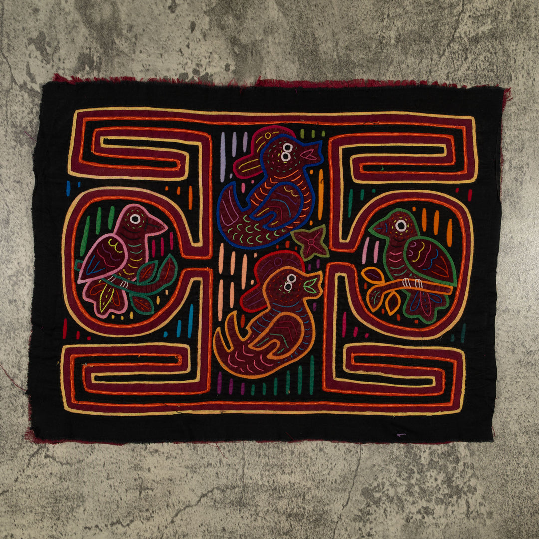 Traditional Red Orange And Black Bird Mola