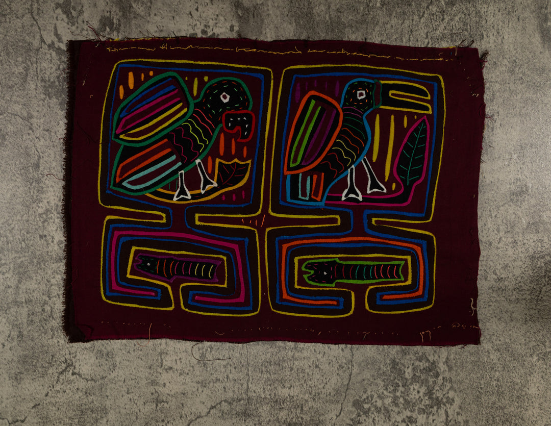 Traditional Burgundy Parrot Toucan And Snake Mola