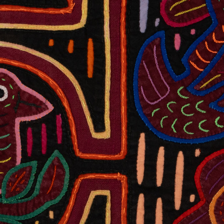 Traditional Red Orange And Black Bird Mola