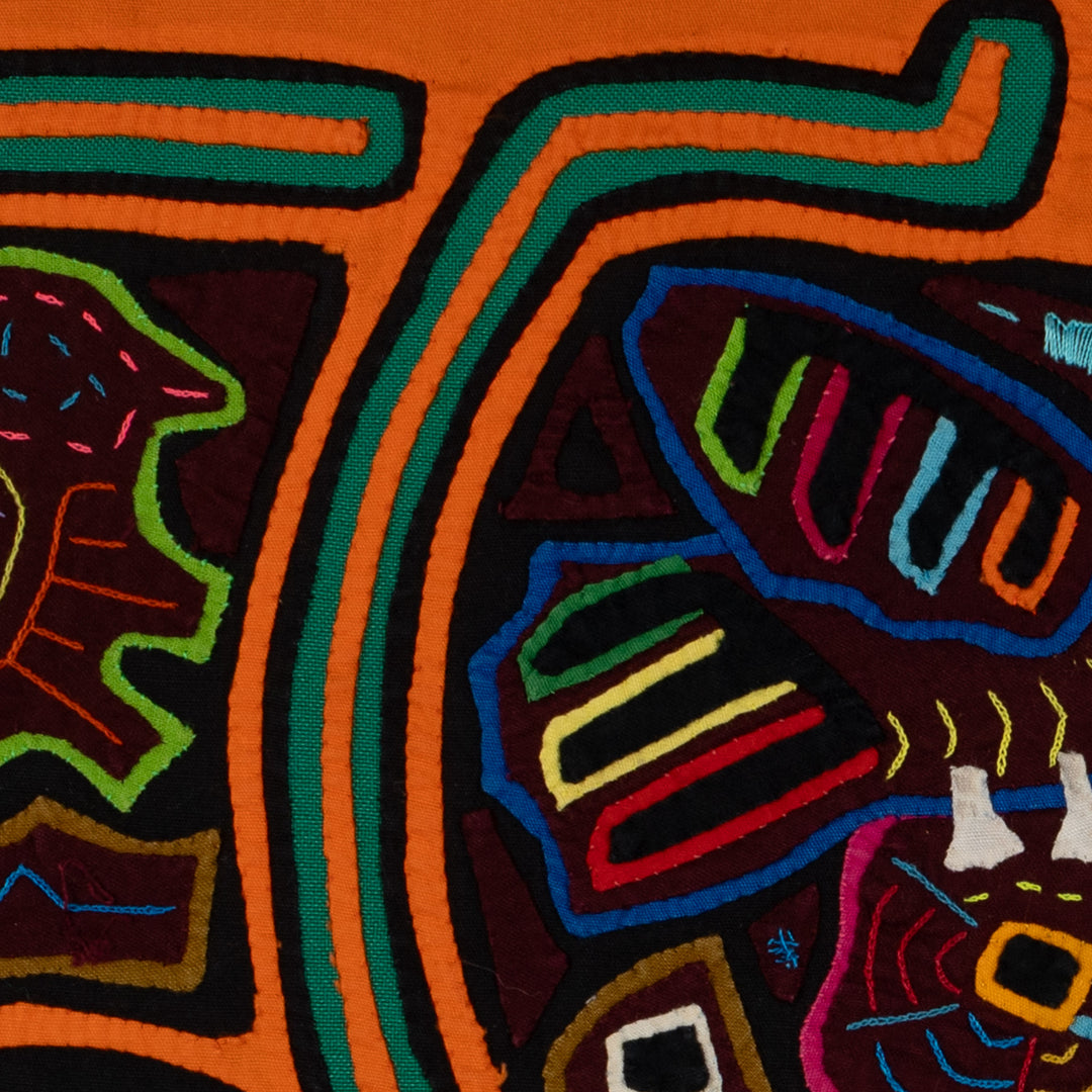 Traditional Orange And Green Bird Mola