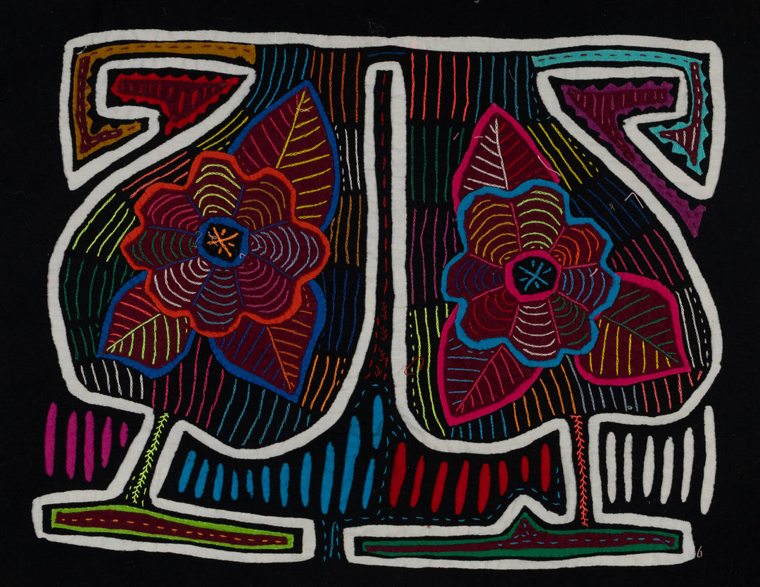 Traditional Black White And Red Floral Flower Mola