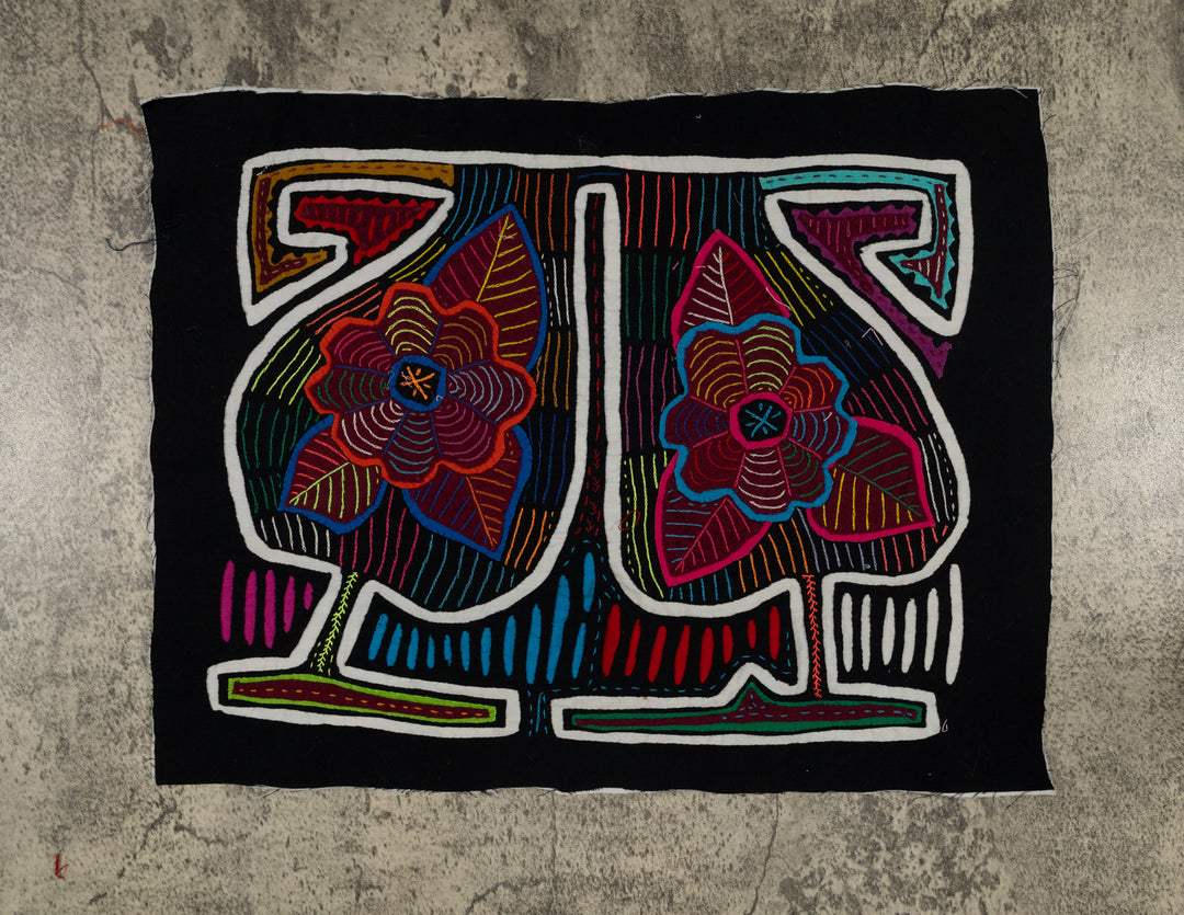 Traditional Black White And Red Floral Flower Mola