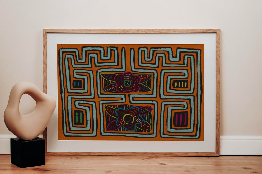 Traditional Orange And Aqua Foral Flower Mola