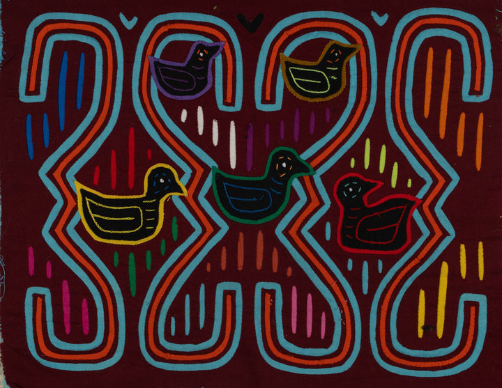 Traditional Burgundy Turquoise And Orange Duck Mola