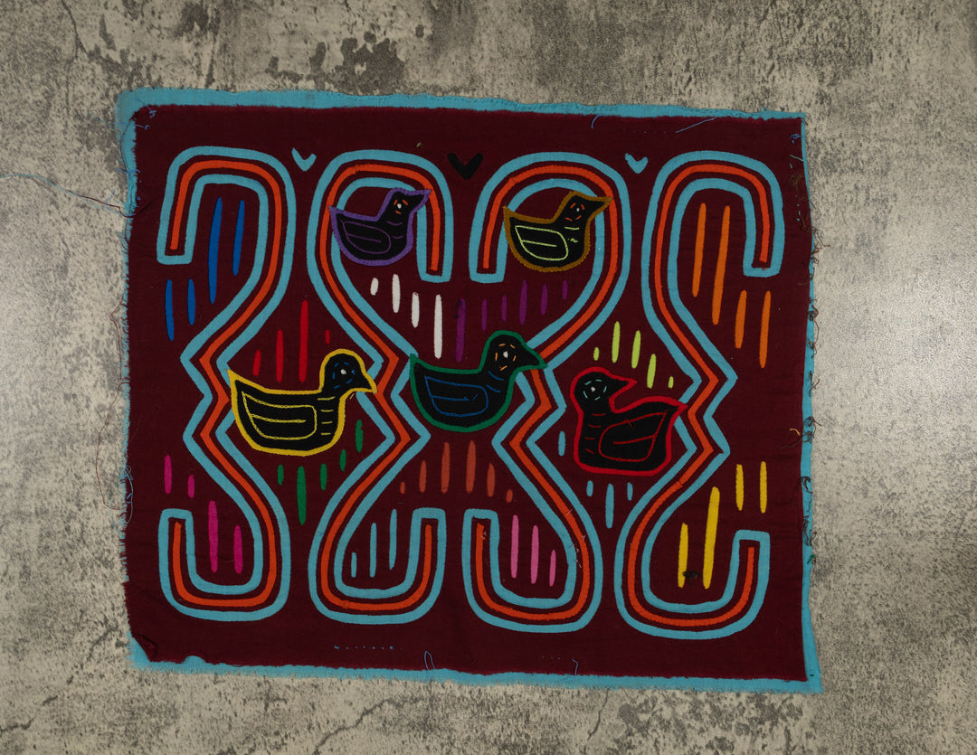 Traditional Burgundy Turquoise And Orange Duck Mola