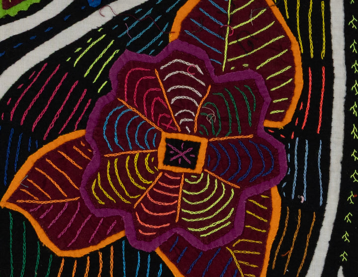 Traditional Black White And Orange Floral Flower Mola