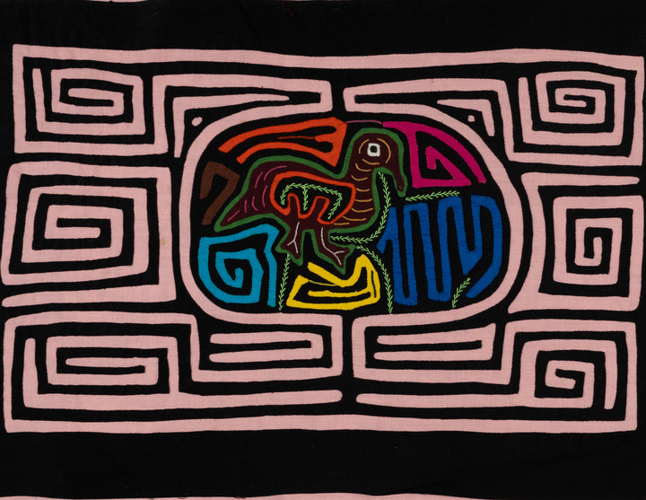 Traditional Black And Pink Bird In Maze Mola