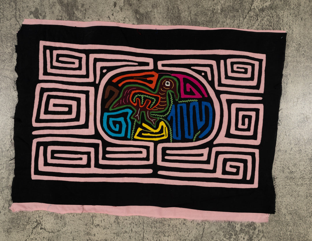 Traditional Black And Pink Bird In Maze Mola