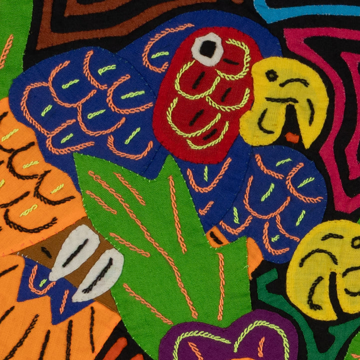 Three Colorful Parrots with Flowers Mola