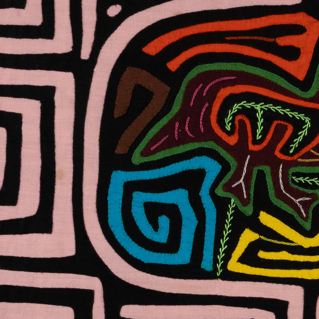 Traditional Black And Pink Bird In Maze Mola