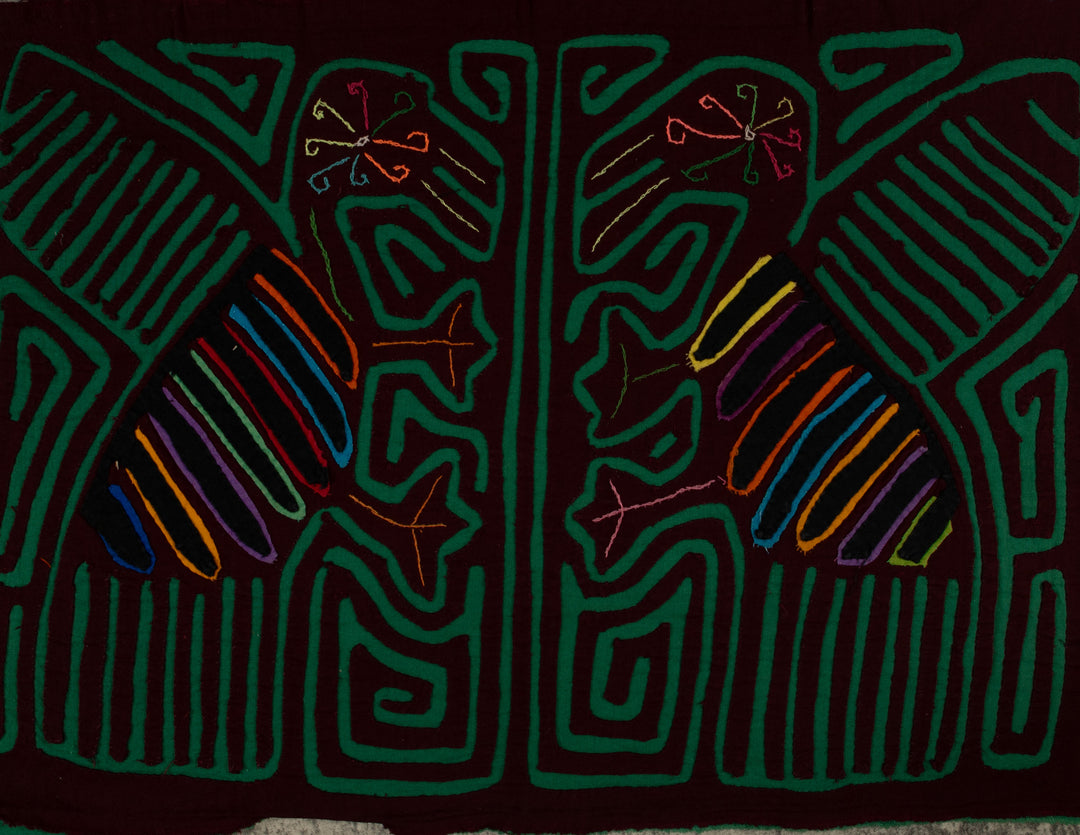 Traditional Burgundy And Green Romance Bird Dance Mola