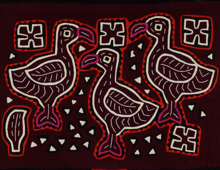 Traditional Three Duck Red White And Maroon Mola