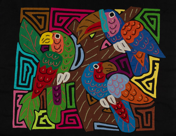 Fantasy Orange Blue And Green Three Bird Toucan And Parrot Mola