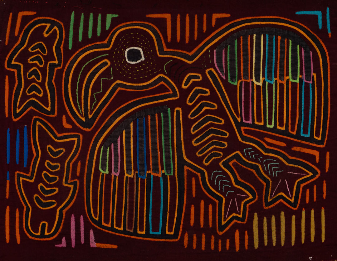 Traditional Burgundy And Orange Ocean Bird In Flight Mola