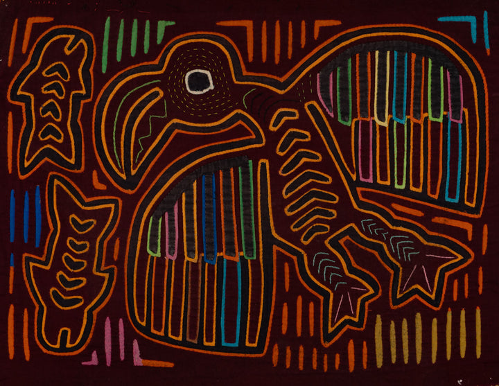 Traditional Burgundy And Orange Ocean Bird In Flight Mola