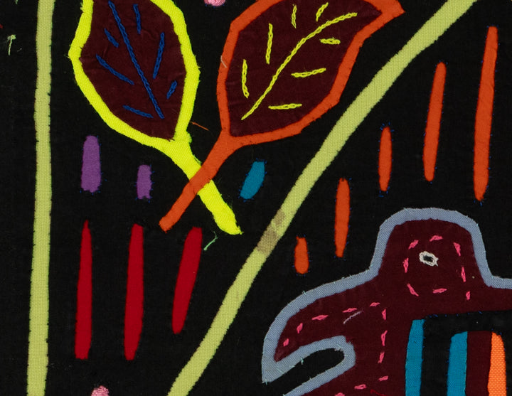 Traditional Black And Multi-color Bird Mola