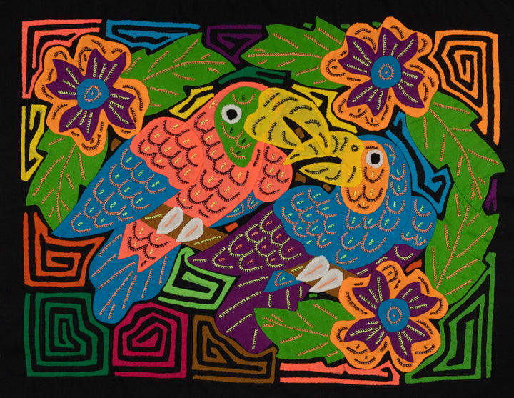 Orange And Blue Vibrant Parrot Pair and Flowers Mola