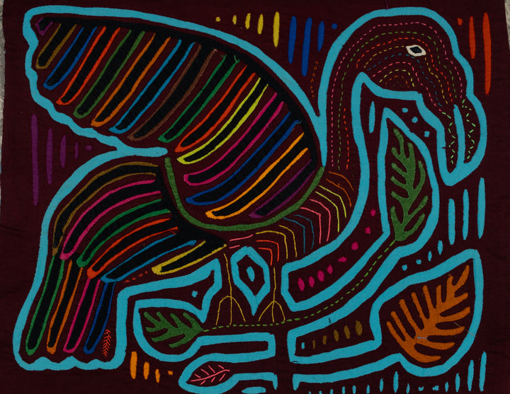 Traditional Maroon And Turquoise Swan Bird In Flight Mola