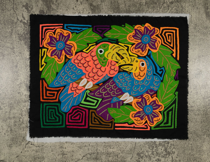 Orange And Blue Vibrant Parrot Pair and Flowers Mola