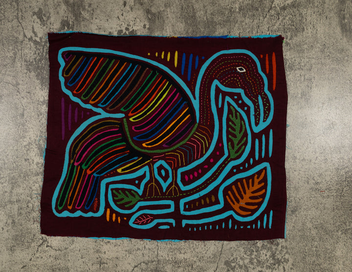 Traditional Maroon And Turquoise Swan Bird In Flight Mola