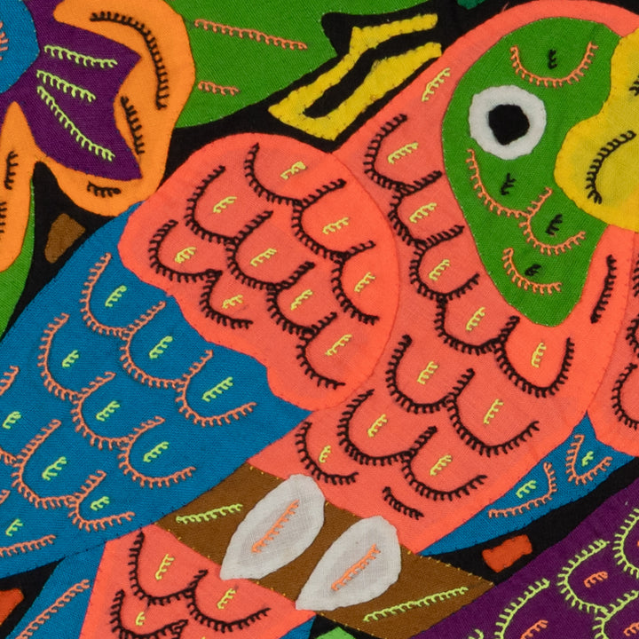 Orange And Blue Vibrant Parrot Pair and Flowers Mola