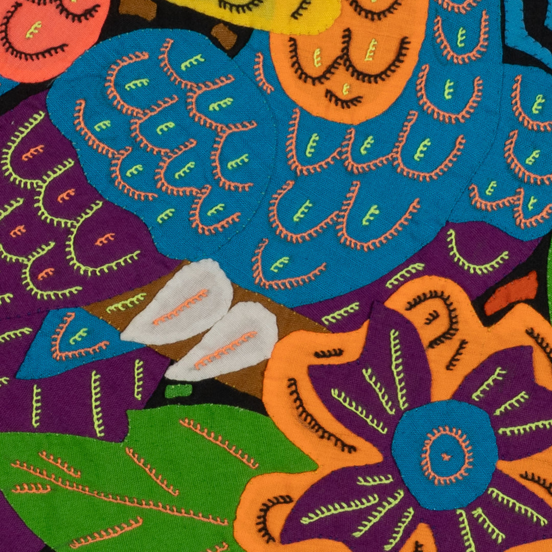 Orange And Blue Vibrant Parrot Pair and Flowers Mola