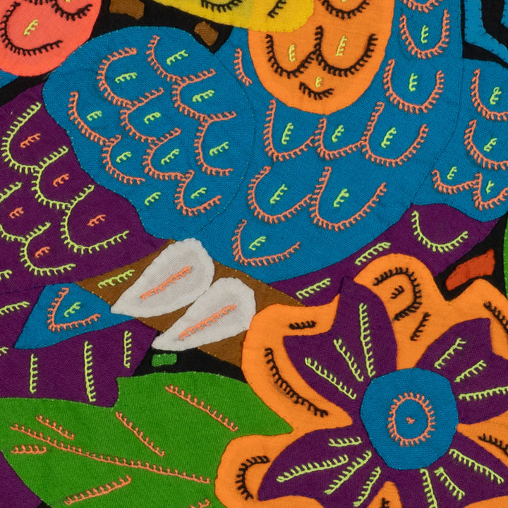 Orange And Blue Vibrant Parrot Pair and Flowers Mola