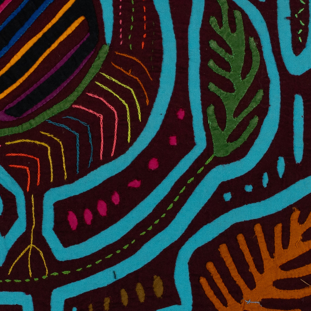 Traditional Maroon And Turquoise Swan Bird In Flight Mola