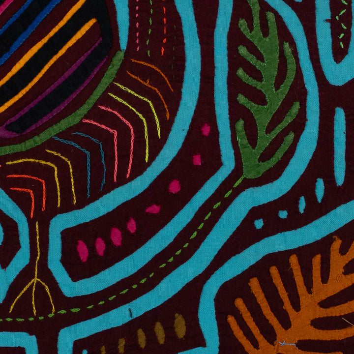 Traditional Maroon And Turquoise Swan Bird In Flight Mola