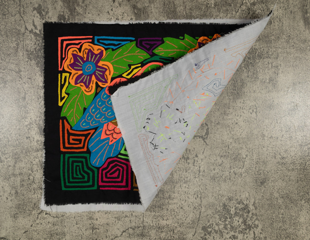 Orange And Blue Vibrant Parrot Pair and Flowers Mola