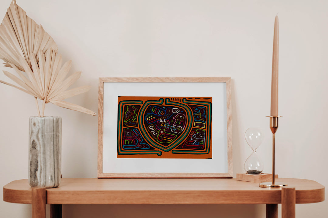 Traditional Orange And Green Bird Mola