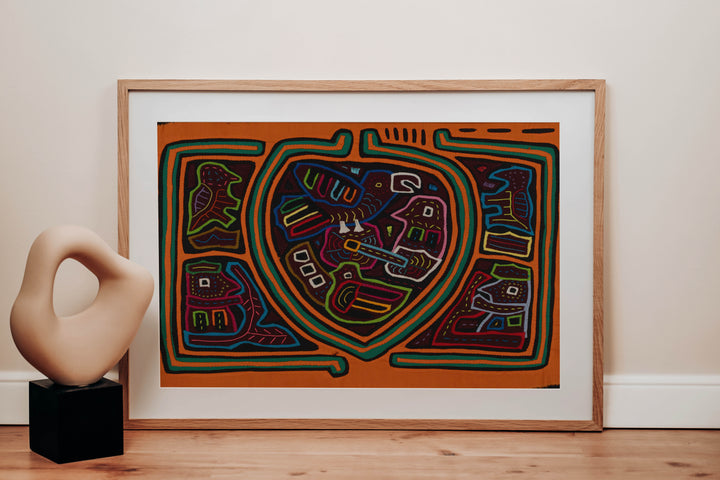 Traditional Orange And Green Bird Mola