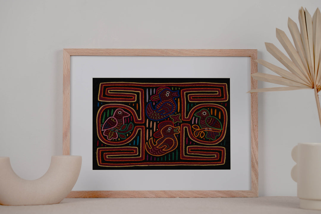 Traditional Red Orange And Black Bird Mola