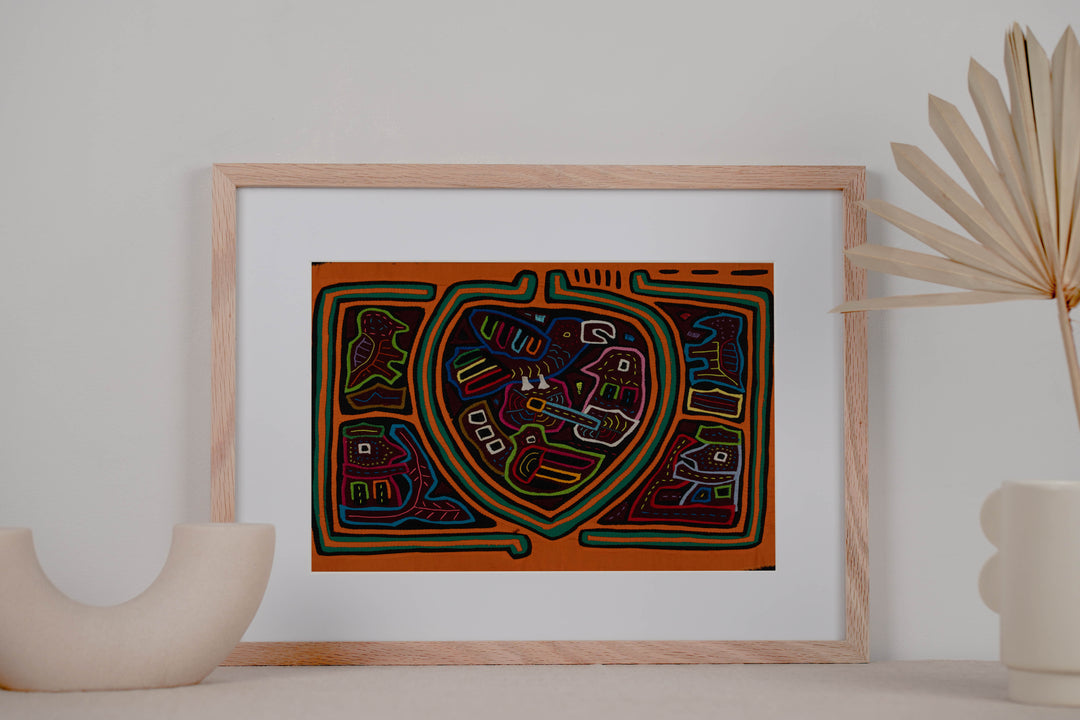 Traditional Orange And Green Bird Mola