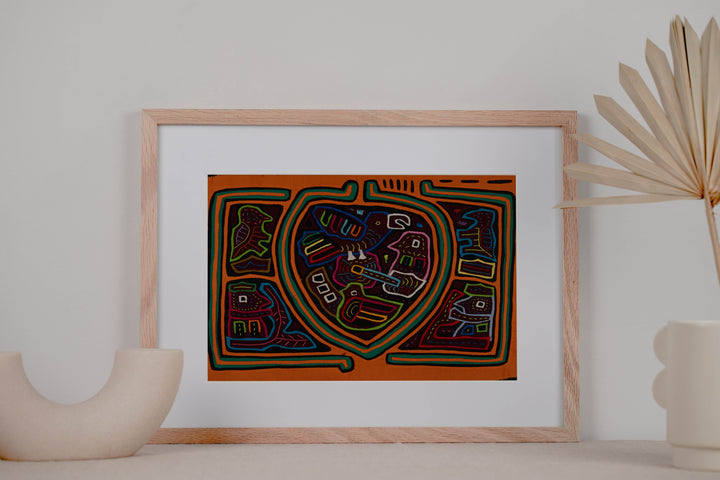 Traditional Orange And Green Bird Mola