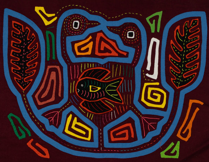 Traditional Burgundy And Turquoise Duck And Fish Mola