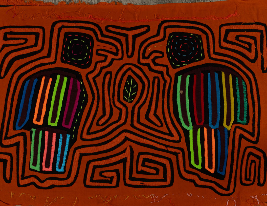 Traditional Orange And Black Bird Talk Mola