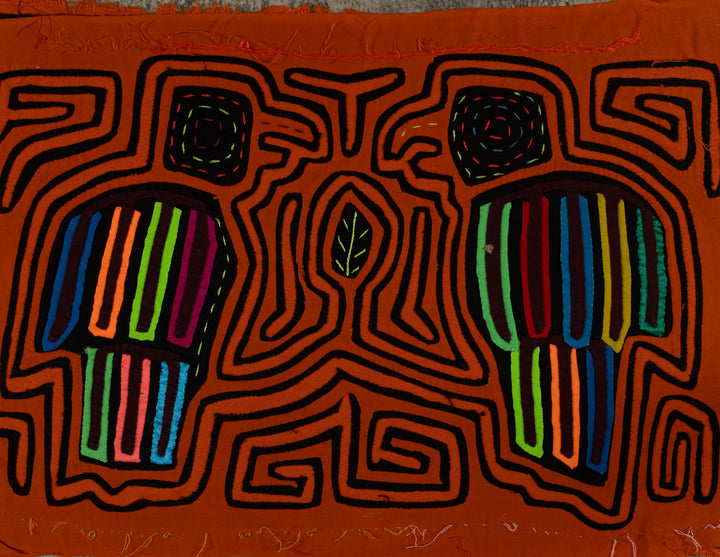 Traditional Orange And Black Bird Talk Mola