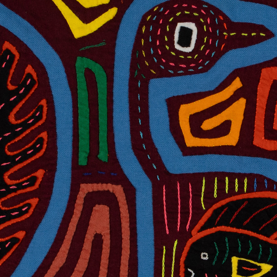 Traditional Burgundy And Turquoise Duck And Fish Mola