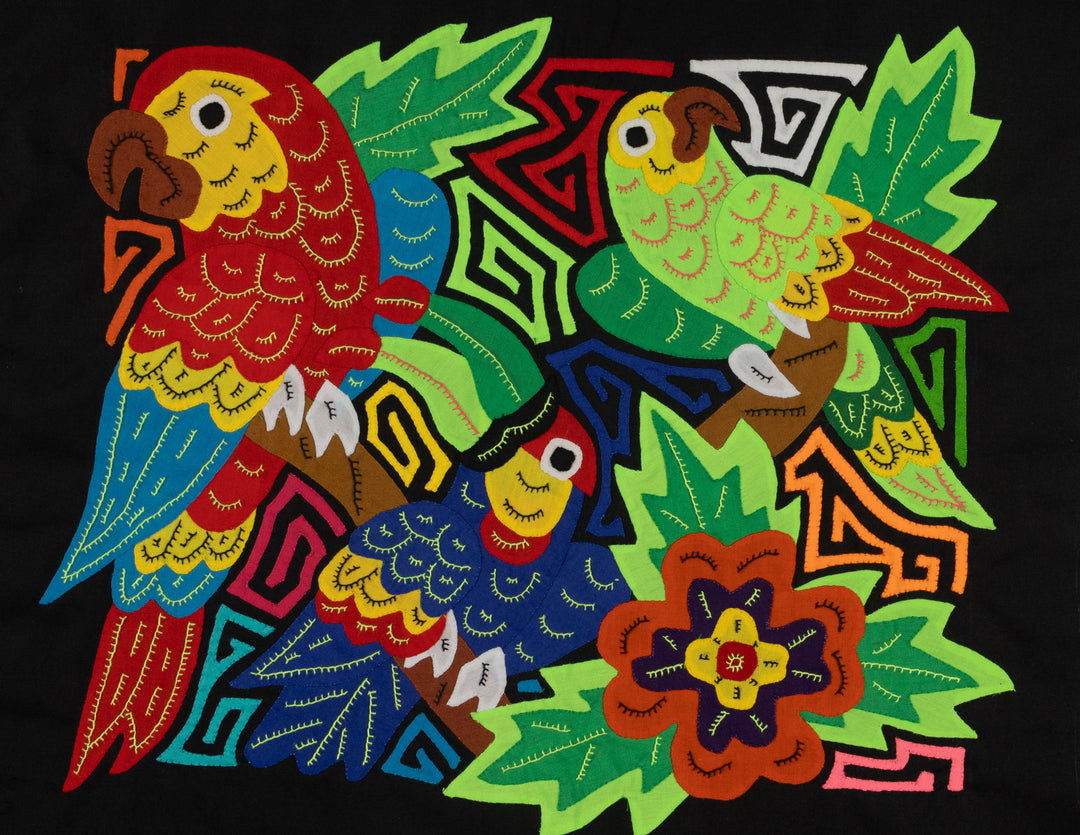 Fantasy Red Blue And Green Three Bird Toucan And Parrot Mola
