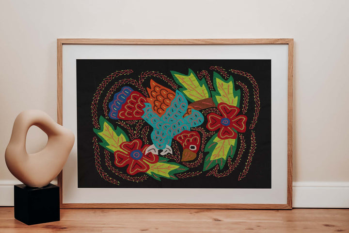 Red Blue And Orange Parrot With Flower Mola