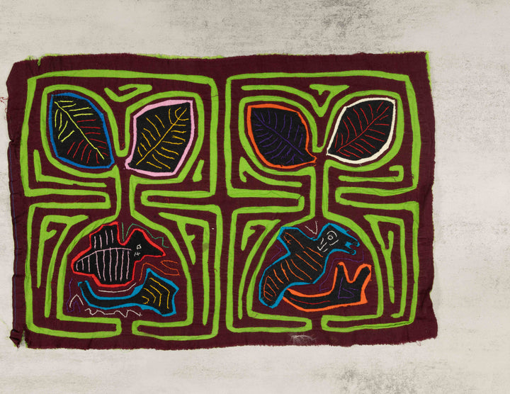 Vintage Maroon And Green Flower And Bird Mola