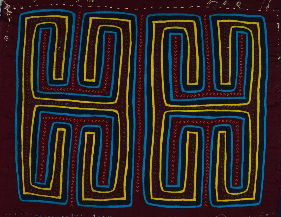 Burgundy Blue And Yellow Classic Kuna Design Mola
