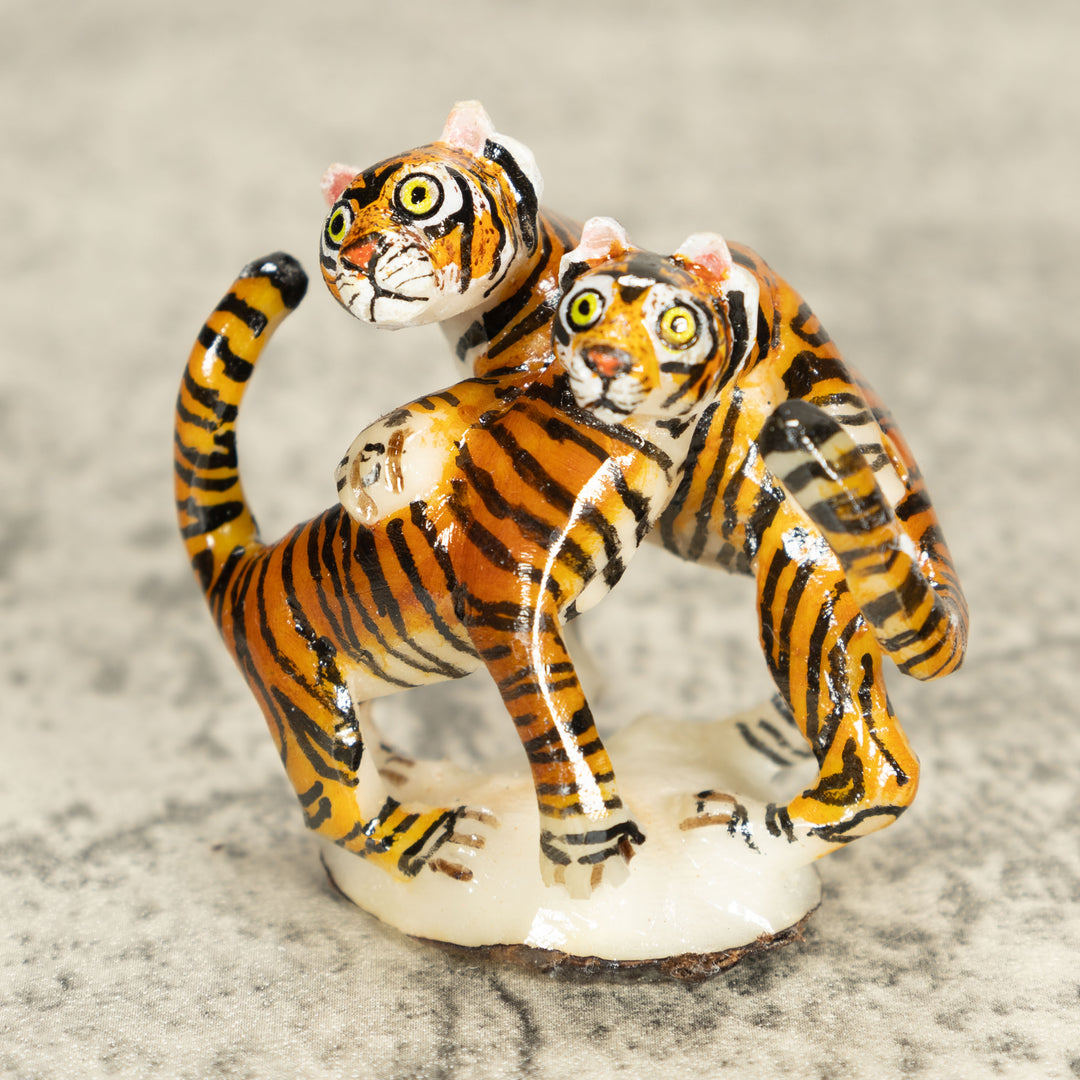 2 Bengal Tiger Cat Tagua Nut Carving