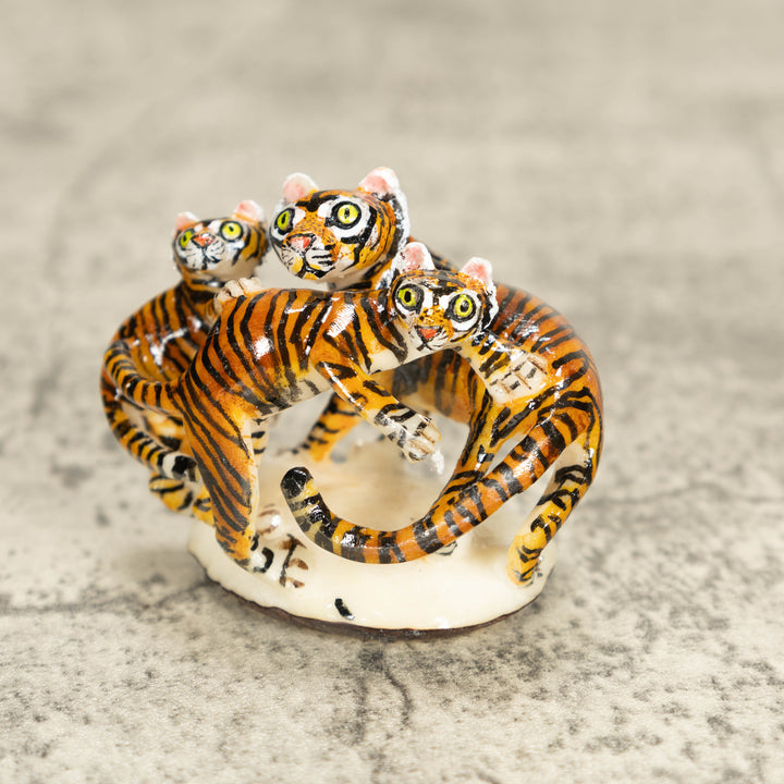 3 Bengal Tiger Cat Tagua Nut Carving
