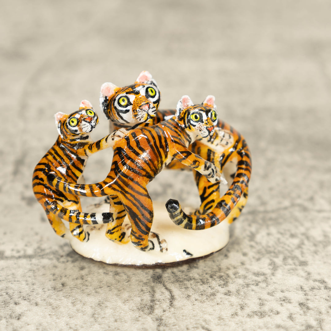 3 Bengal Tiger Cat Tagua Nut Carving