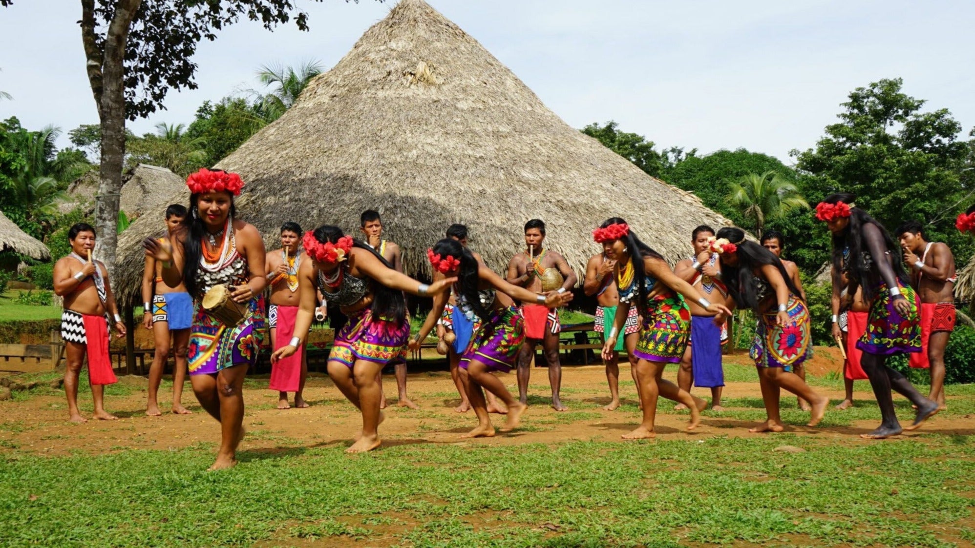 Group of people in traditional attire performing a dance in front of thatched huts.