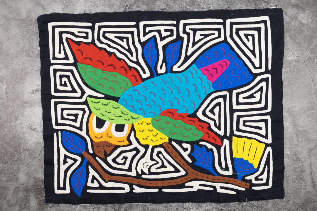 Blue Owl Bird Mola, Wall Decor, Panama Mola, Latin American Art, Handmade Quilt, Wall Hanging, Mola Wall Art