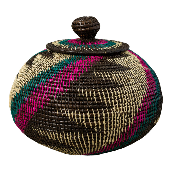 Purple Green Black And White Palm Frond Rainforest Basket With Top